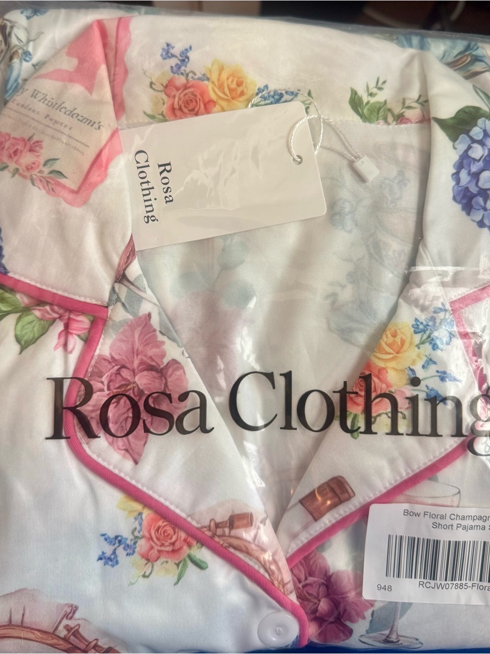 Floral Satin Pajama Set in White with Pink Trim